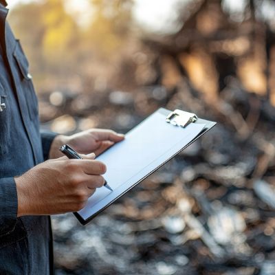Person in uniform taking notes on a clipboard at a burned-down site.