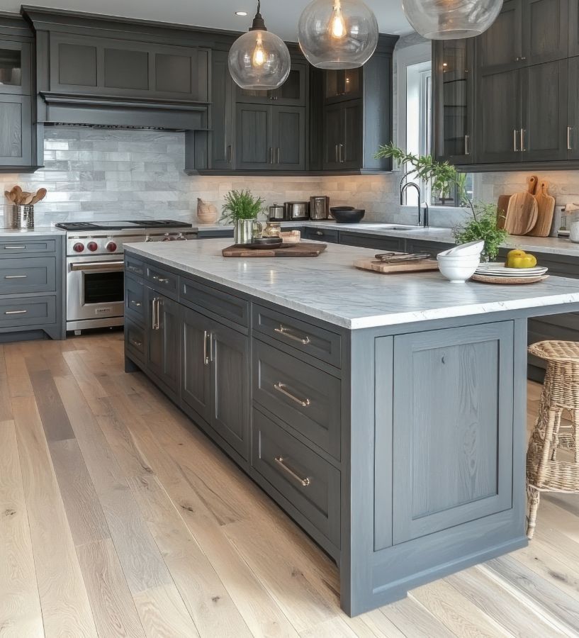 Gray kitchen with island, marble countertop, wooden floor, and pendant lights.