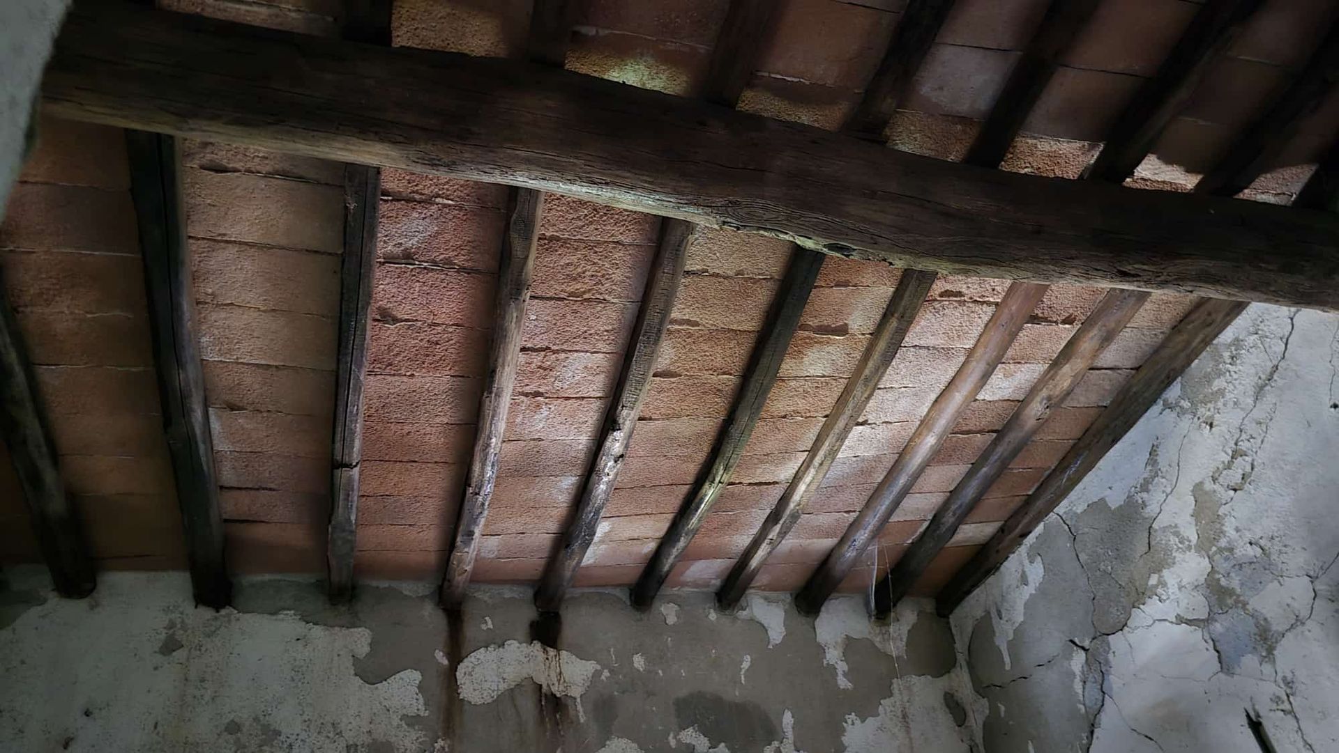 Travi in legno a vista sul soffitto e tegole rossastre sopra pareti intonacate di bianco screpolato.