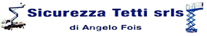 Testo del logo “Sicurezza Tetti srls di Angelo Fois” in blu con grafica di un tetto e una scala su sfondo bianco
