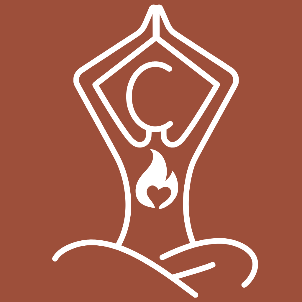 outline drawing of person sitting in meditation with namaskar hands and a fire in their heart