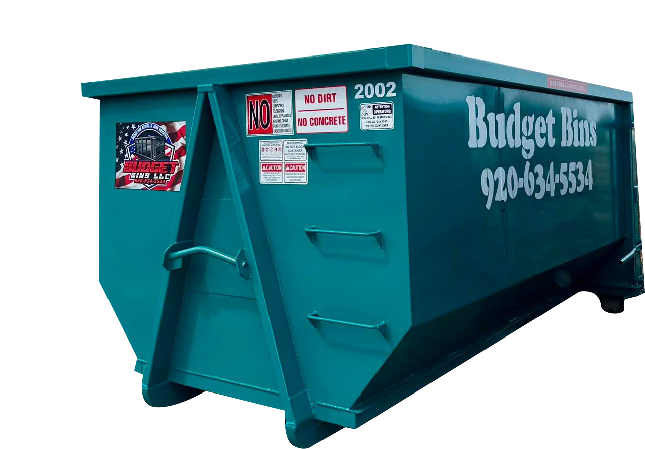Teal Budget Bin dumpster with white lettering and a few stickers on the side