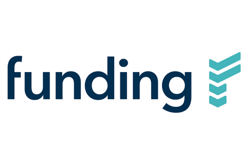 Funding logo in navy blue with a teal stacked emblem on a white background