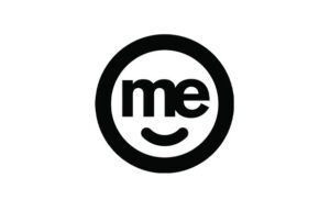 Black circular logo with the letters “me” and a curved smile inside.