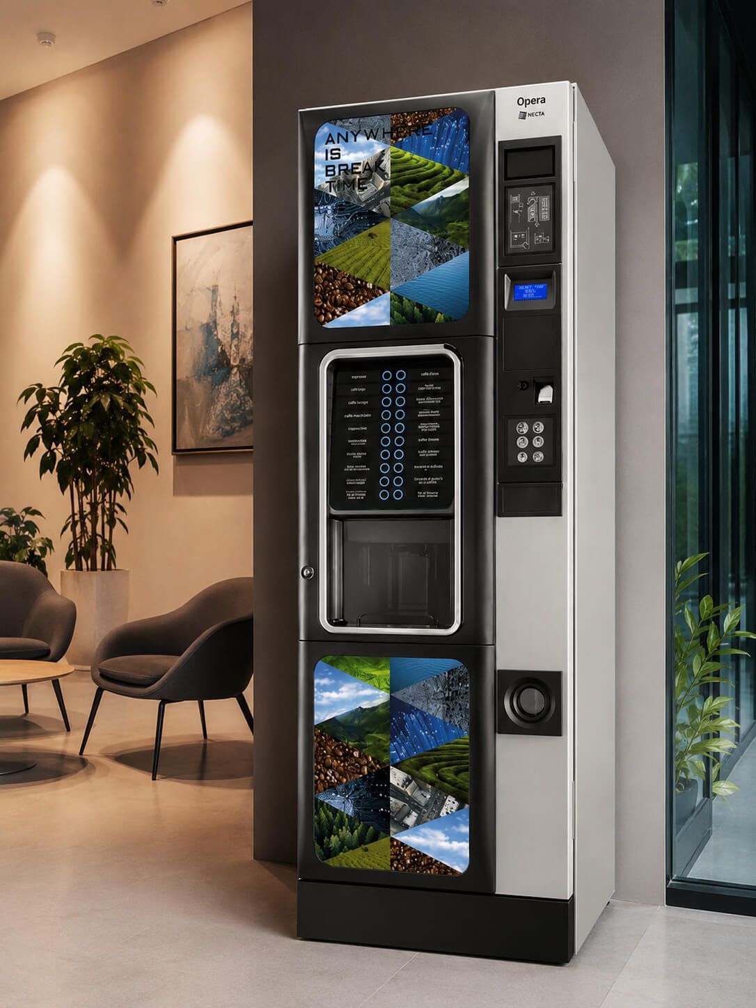 Máquina expendedora alta en un salón moderno con paneles en blanco y negro y gráficos de paisajes verdes.