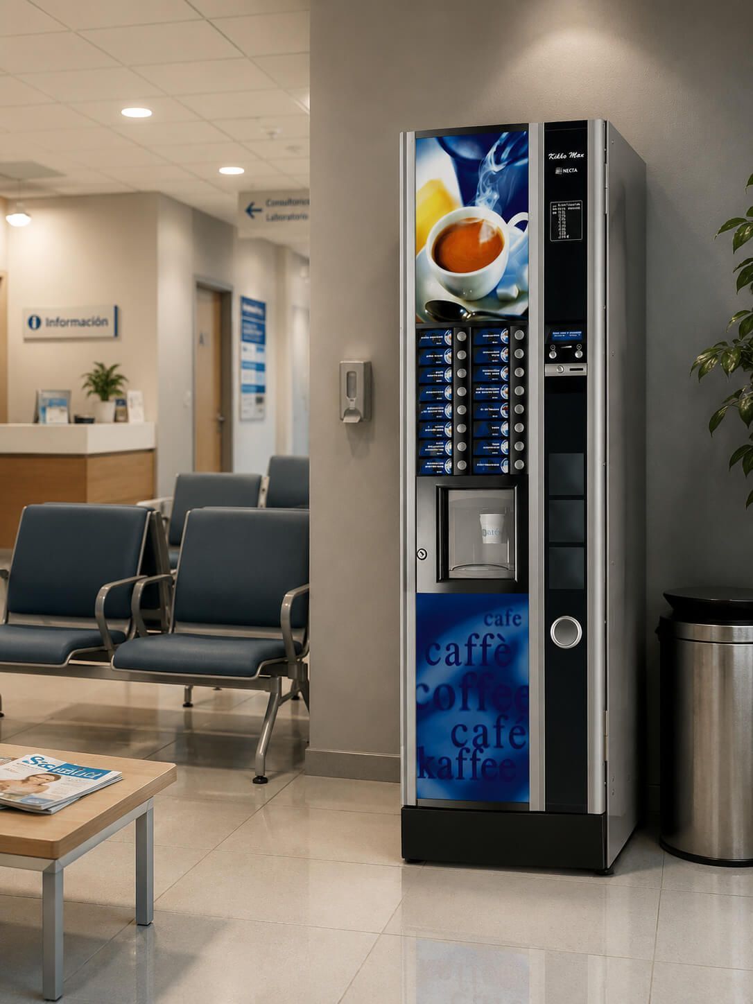 Sala de espera de un hospital con sillas azules y una máquina expendedora de café contra una pared gris.