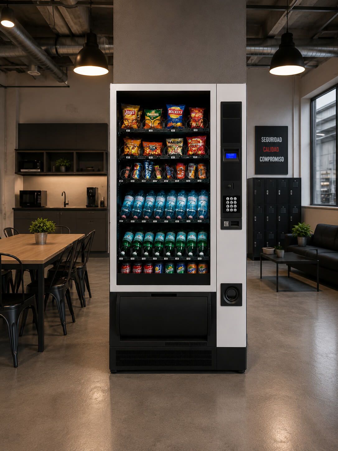 Máquina expendedora de aperitivos y bebidas en una moderna sala de estar de oficina con mesas y sillas.