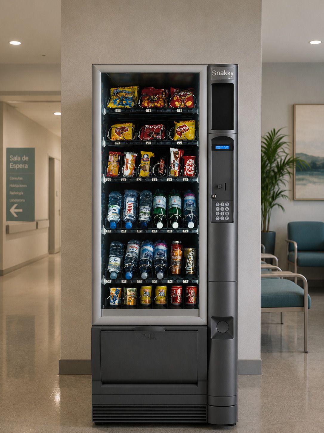 Máquina expendedora de aperitivos y bebidas en el vestíbulo de un luminoso pasillo de oficinas.