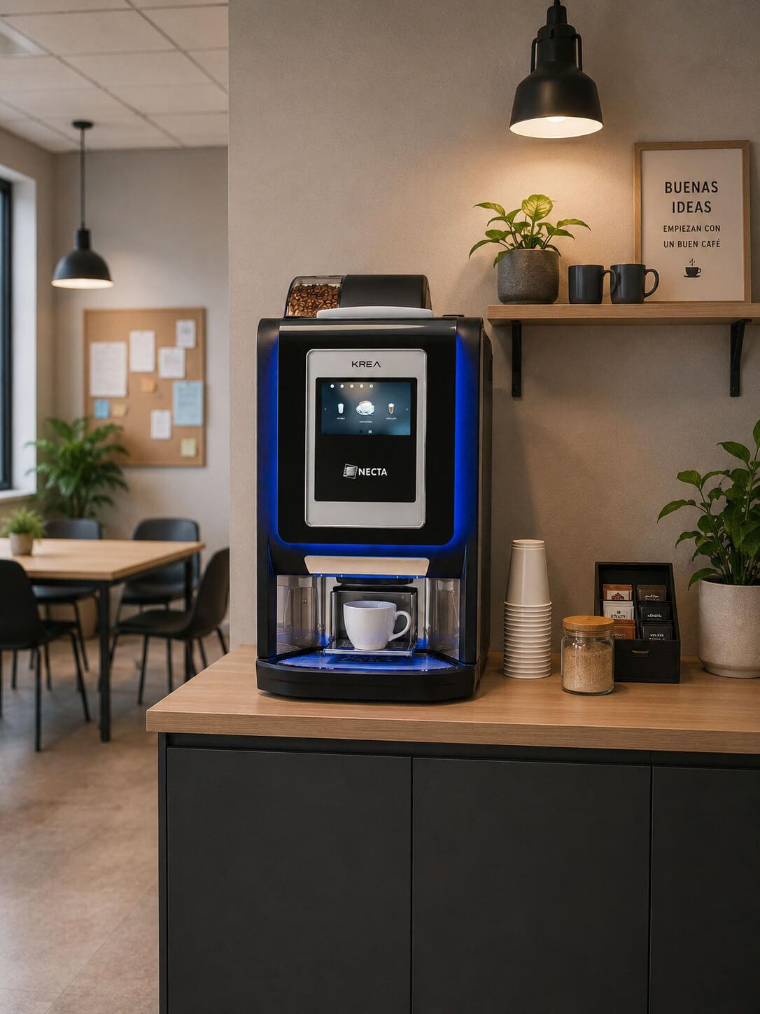Cafetera sobre un mostrador de madera en un acogedor rincón de cafetería con lámparas colgantes y mesas al fondo.