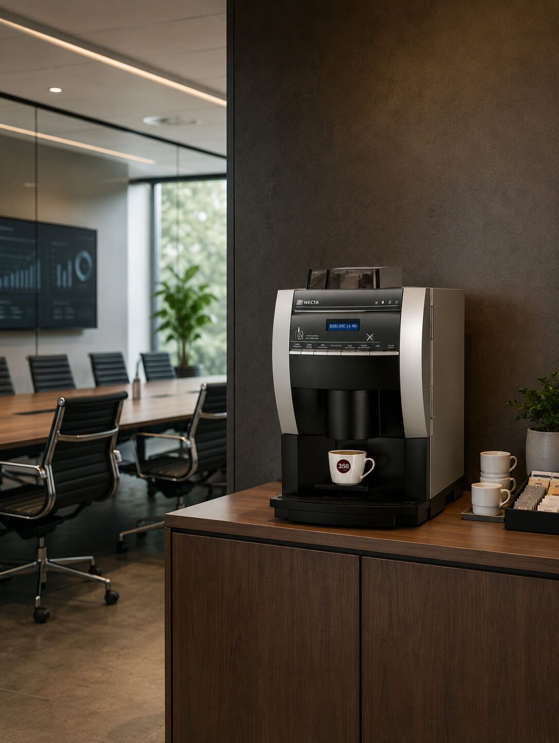 Cafetera sobre un mueble en una moderna sala de conferencias con paredes de cristal y sillas de oficina.