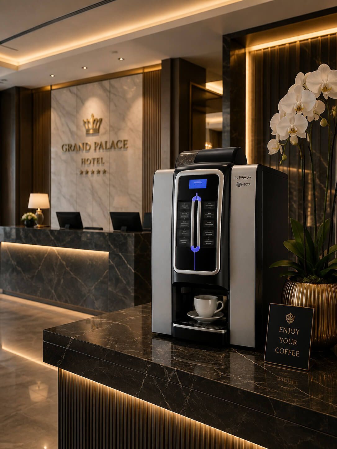 Recepción de hotel de lujo con mostrador de mármol negro y cafetera junto a orquídeas blancas.