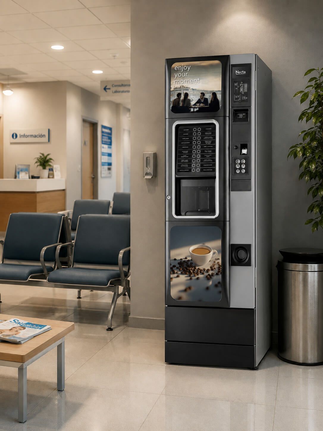 Sala de espera de un hospital con sillas azules y una máquina expendedora de café contra una pared gris.