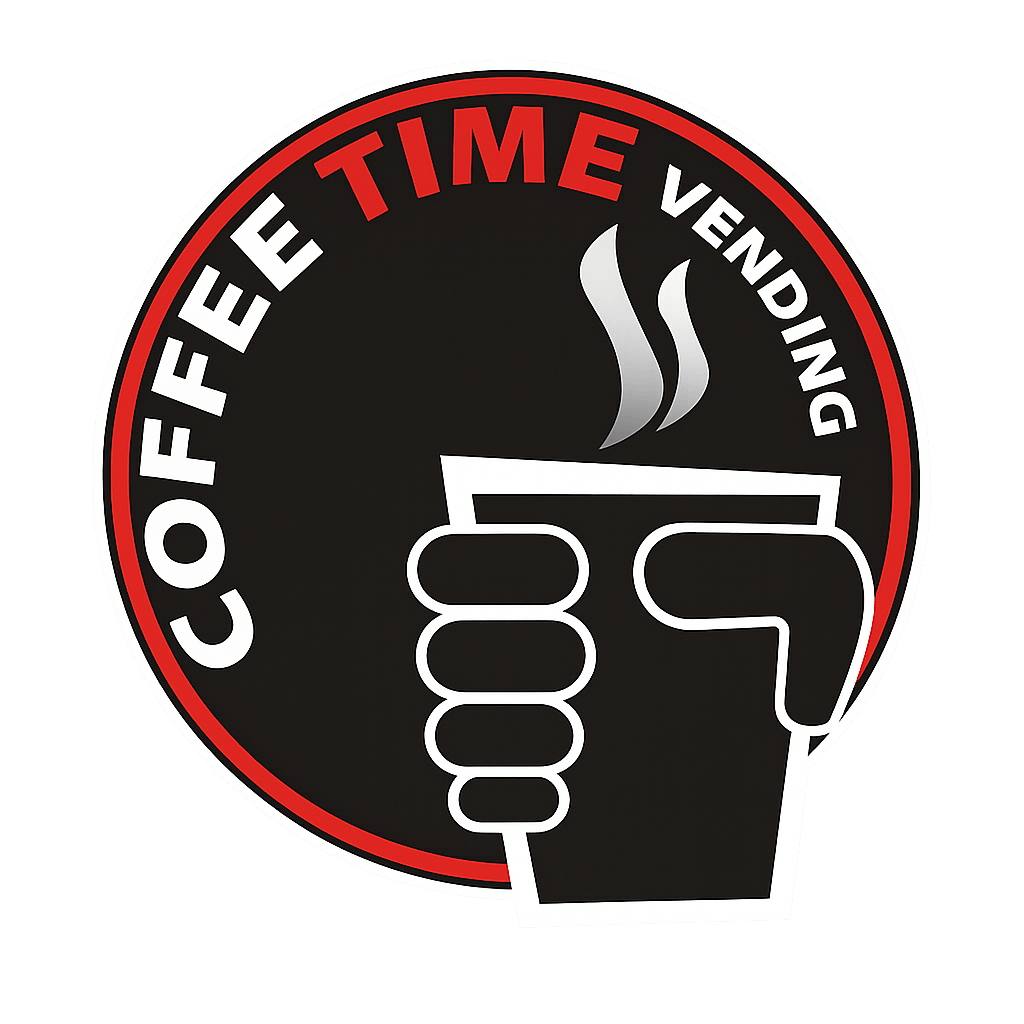 Logotipo de Coffee Time con una taza humeante en la mano, un c&iacute;rculo negro con borde rojo y texto blanco.