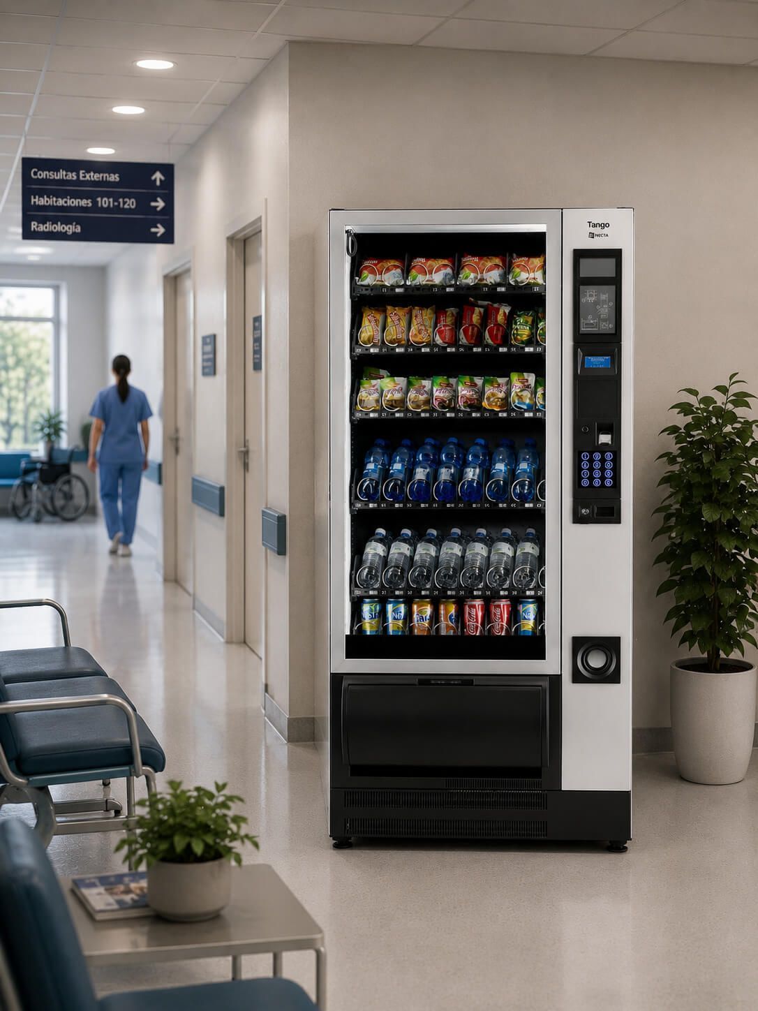 Pasillo de hospital con una máquina expendedora de aperitivos y una persona caminando al fondo.