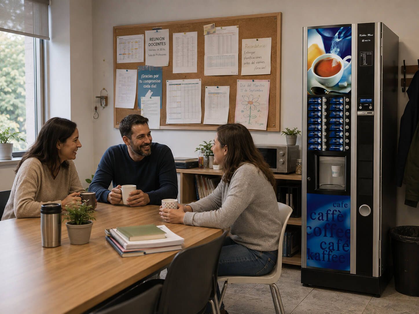 Tres personas conversando en una mesa en una pequeña oficina con un tablón de anuncios y una máquina expendedora.