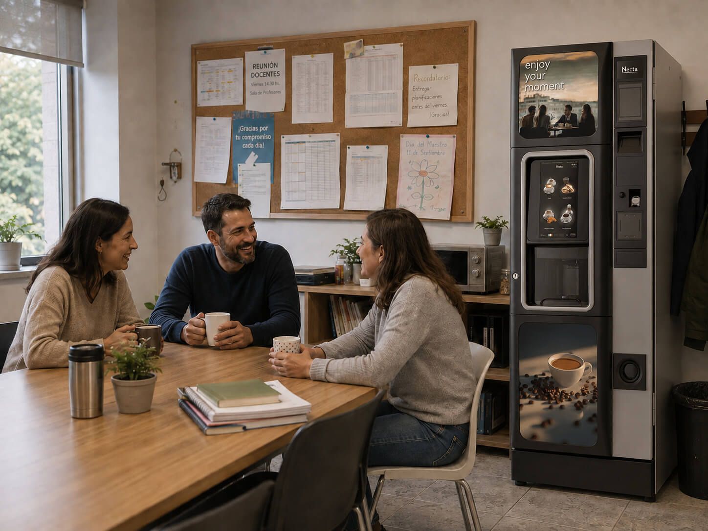Tres personas conversando en una mesa en una pequeña oficina con un tablón de anuncios y una máquina expendedora.