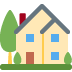 Icon of a house with blue windows, red roof, green tree, and fence