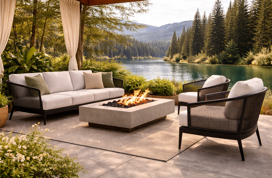 Modern outdoor patio with beige seating around a fire pit beside a lake and pine forest