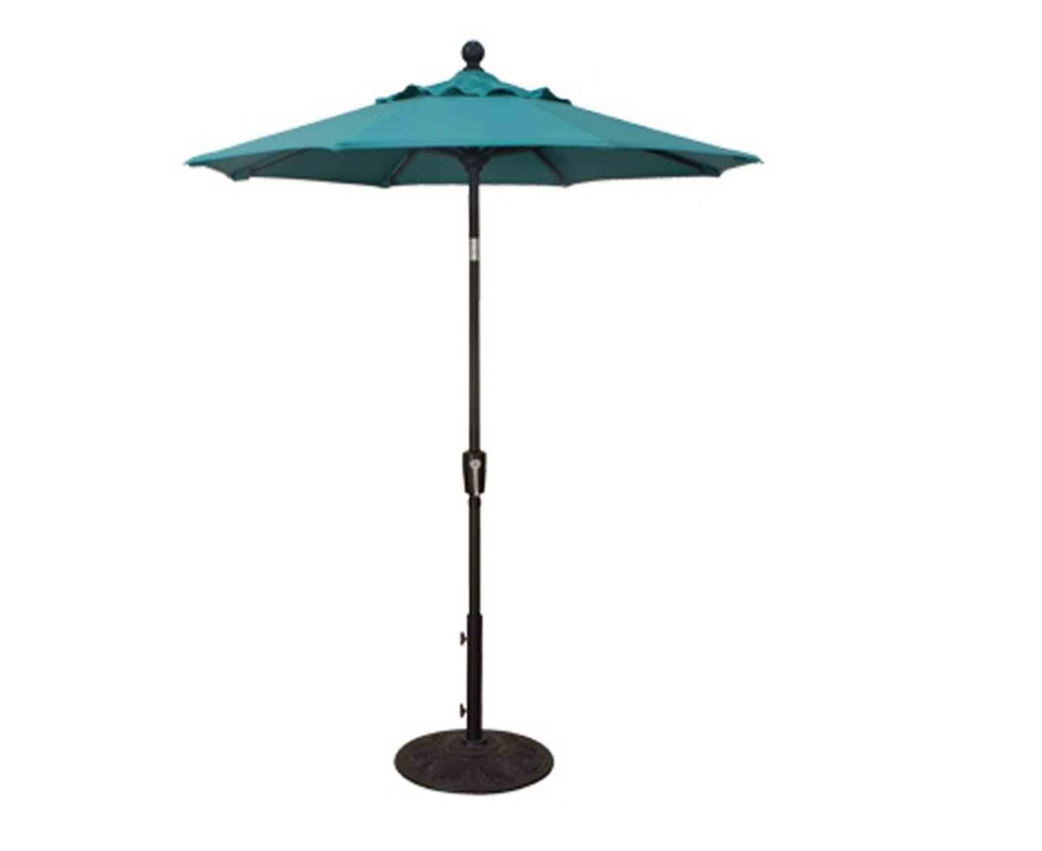 Teal patio umbrella with a black pole and base on a white background