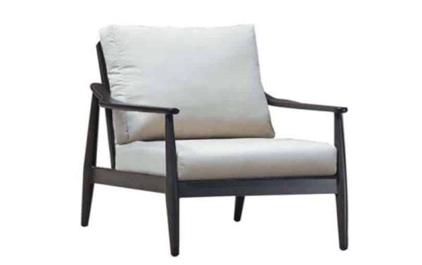 Dark wood armchair with light gray cushion and back pillow on a white background