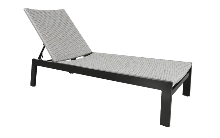 Modern gray woven outdoor chaise lounge with black frame on a white background