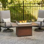 Patio seating with two chairs and a fire pit table on a stone terrace by a black fence and greenery