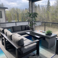 Modern patio with gray sectional sofa, coffee table, potted plant, and glass railing overlooking trees