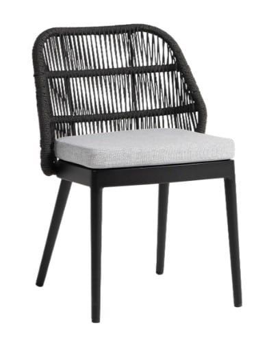Black woven dining chair with light gray cushion and slim black legs on a white background