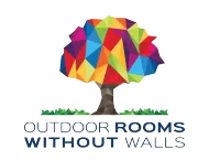 Colorful geometric tree logo above the words “OUTDOOR ROOMS WITHOUT WALLS”