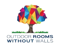 Colorful geometric tree logo above the words “OUTDOOR ROOMS WITHOUT WALLS”
