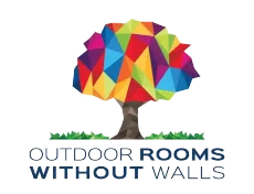 Colorful geometric tree logo above the words “OUTDOOR ROOMS WITHOUT WALLS”