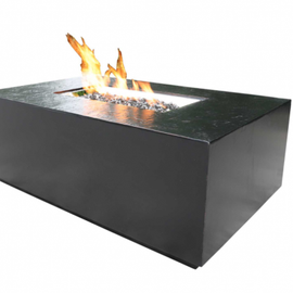Black rectangular fire pit with a flame burning in the center