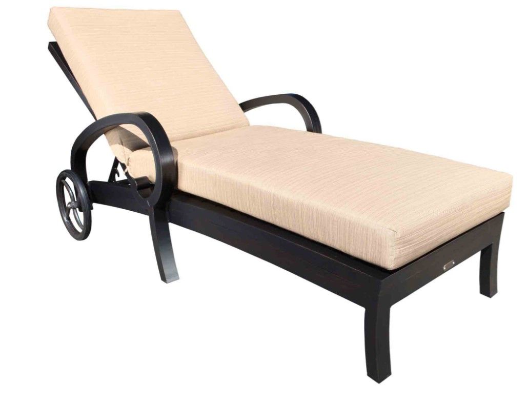 Beige cushioned chaise lounge with black frame and wheels on a white background