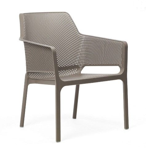 Brown woven plastic armchair on a white background