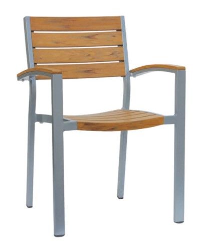 Wooden slat patio chair with gray metal frame and armrests