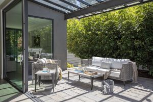 Modern patio with white outdoor sofas, coffee table, and glass roof beside a lush green hedge