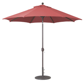Red patio umbrella on a silver stand with a round base, isolated on white.