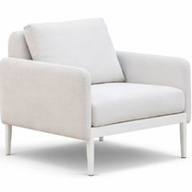 White modern upholstered armchair with light wood legs on a white background