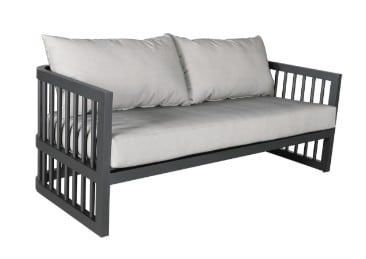 Gray outdoor sofa with white cushions and two back pillows