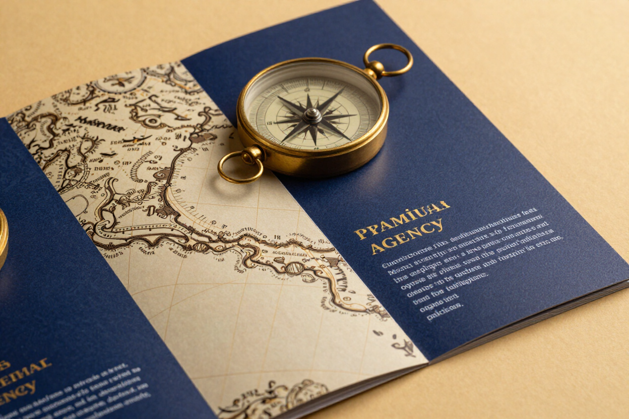 Folleto turístico azul con una brújula dorada sobre un mapa.