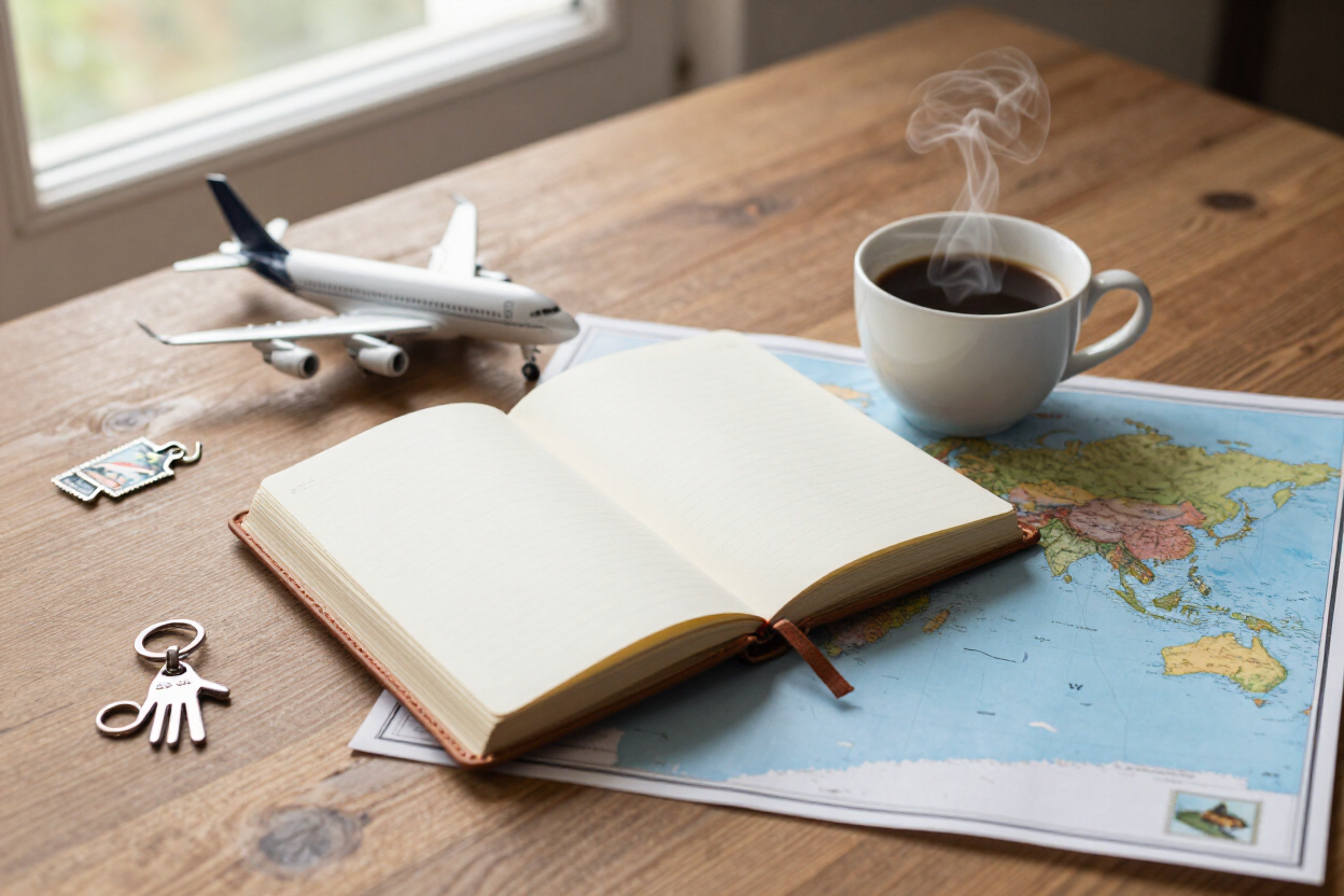 Artículos esenciales de viaje sobre una mesa de madera: cuaderno abierto, avión de juguete, mapa, taza de café y llaves.