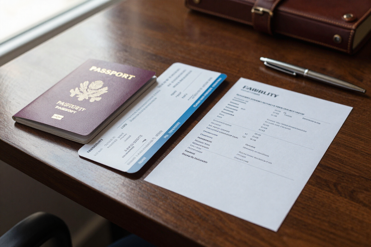 Pasaporte, tarjeta de embarque e itinerario de viaje sobre un escritorio de madera junto a un bolígrafo y un maletín.