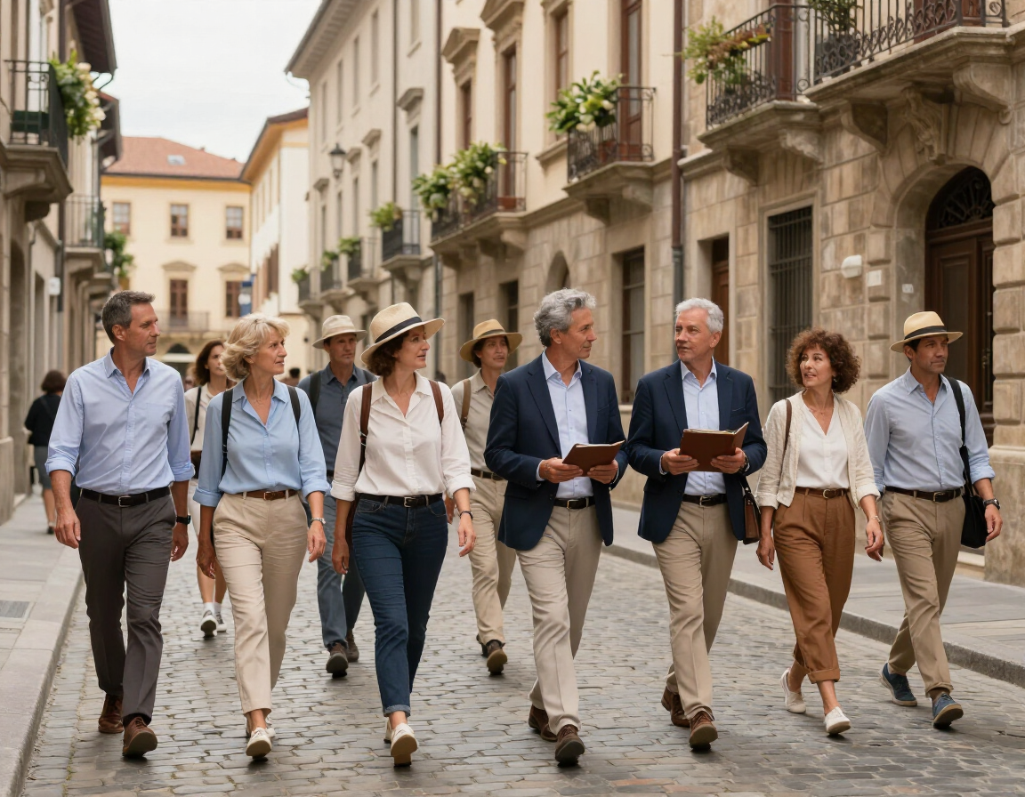 Grupo de personas caminando y conversando en una calle empedrada de una ciudad europea.