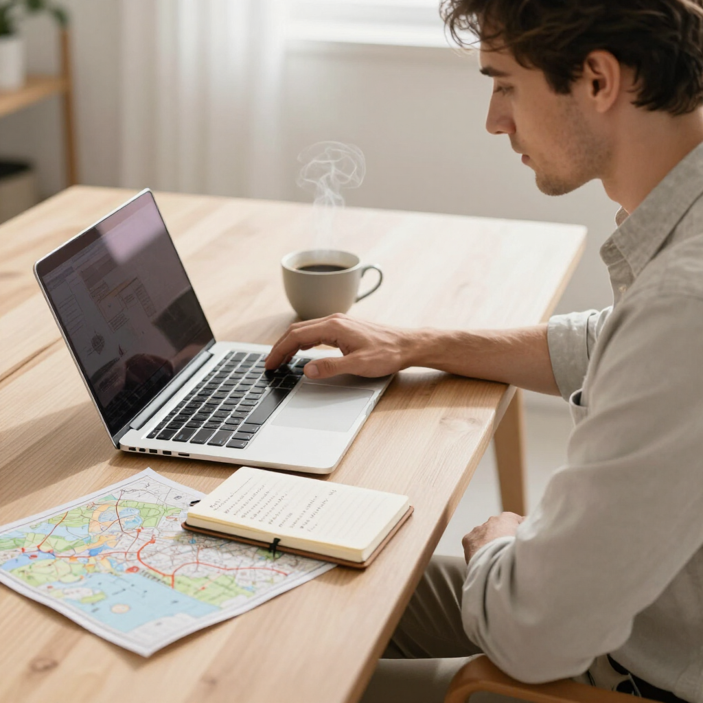 Una persona trabaja en un ordenador portátil en un escritorio de madera, con un mapa, un cuaderno y una taza de café cerca.