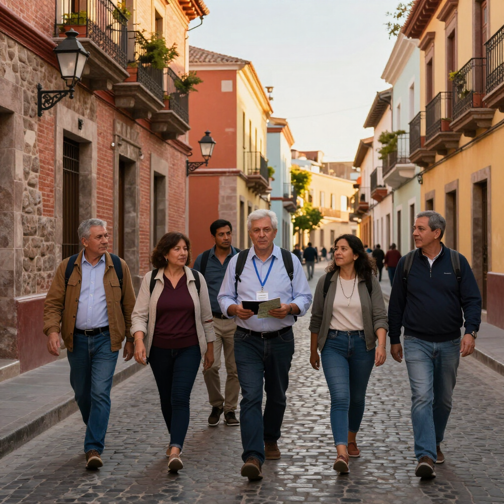 Cinco personas caminan por una calle empedrada entre edificios coloridos, conversando y llevando papeles.