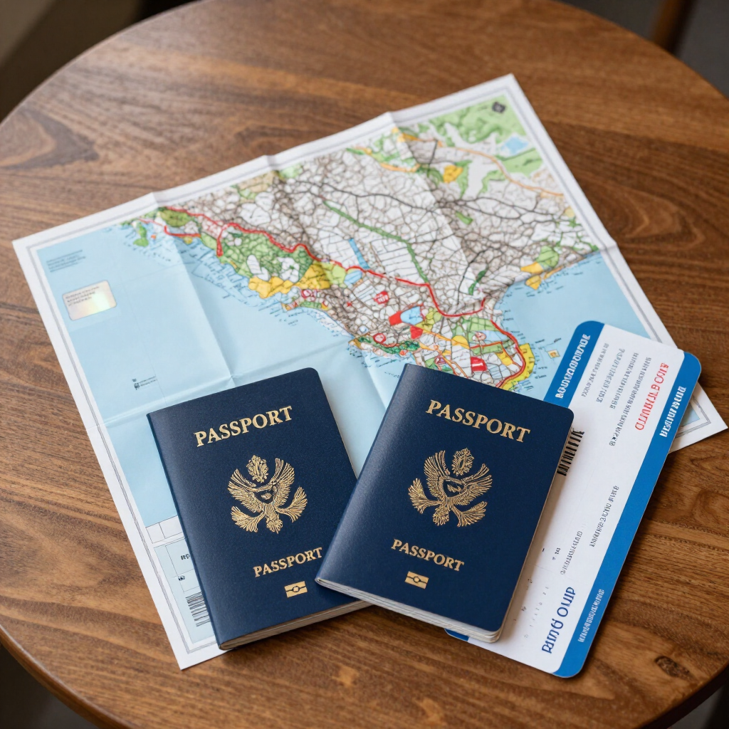 Dos pasaportes, un mapa doblado y una tarjeta de embarque sobre una mesa de madera.
