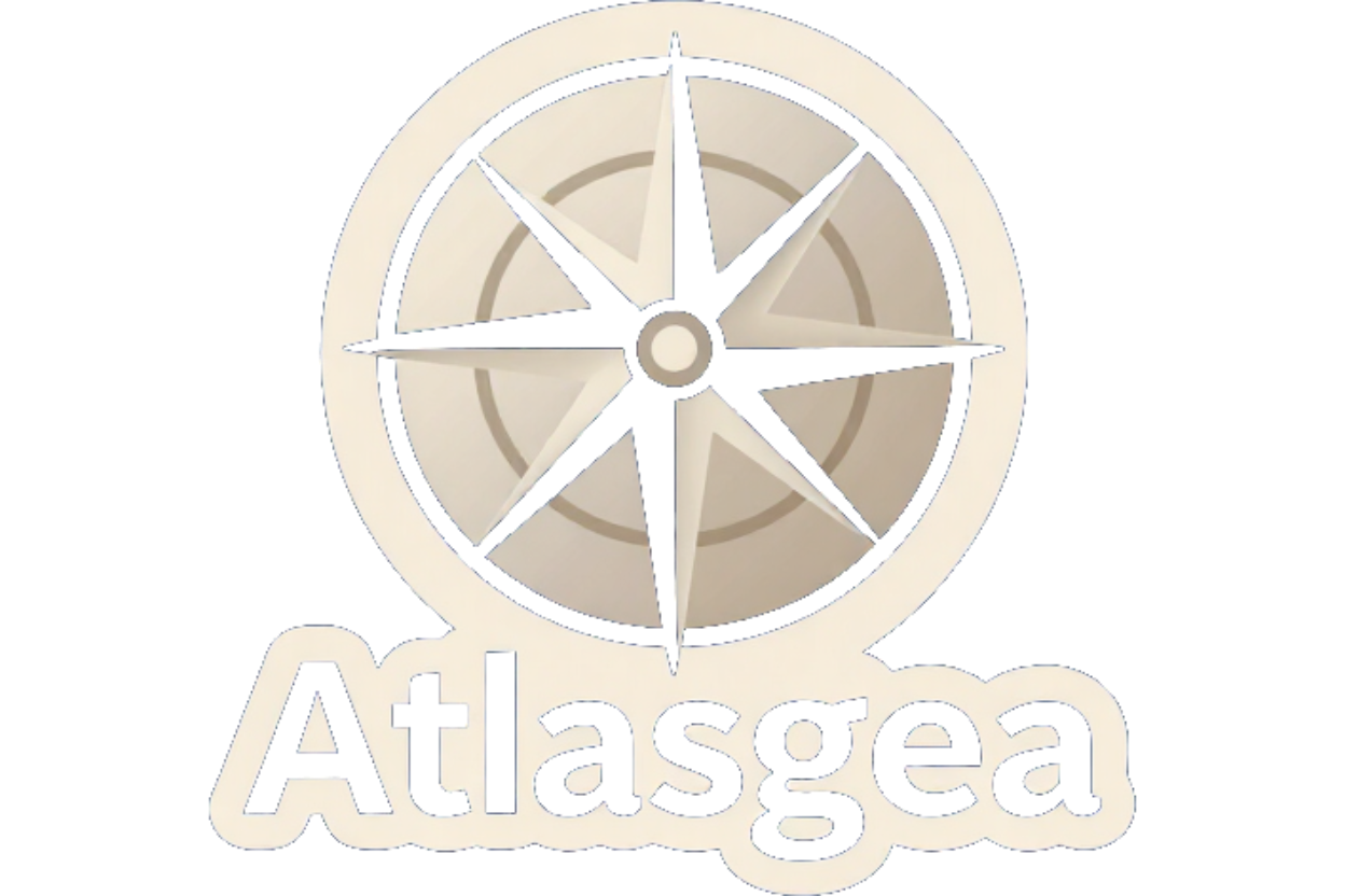 Logotipo de Atlasgea con una rueda de viento beige y texto sobre un fondo claro.