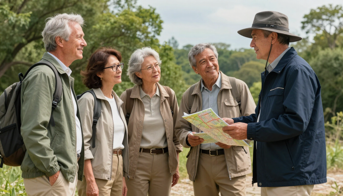 Cinco excursionistas con ropa de montaña se reúnen alrededor de un mapa de senderos en un parque arbolado.
