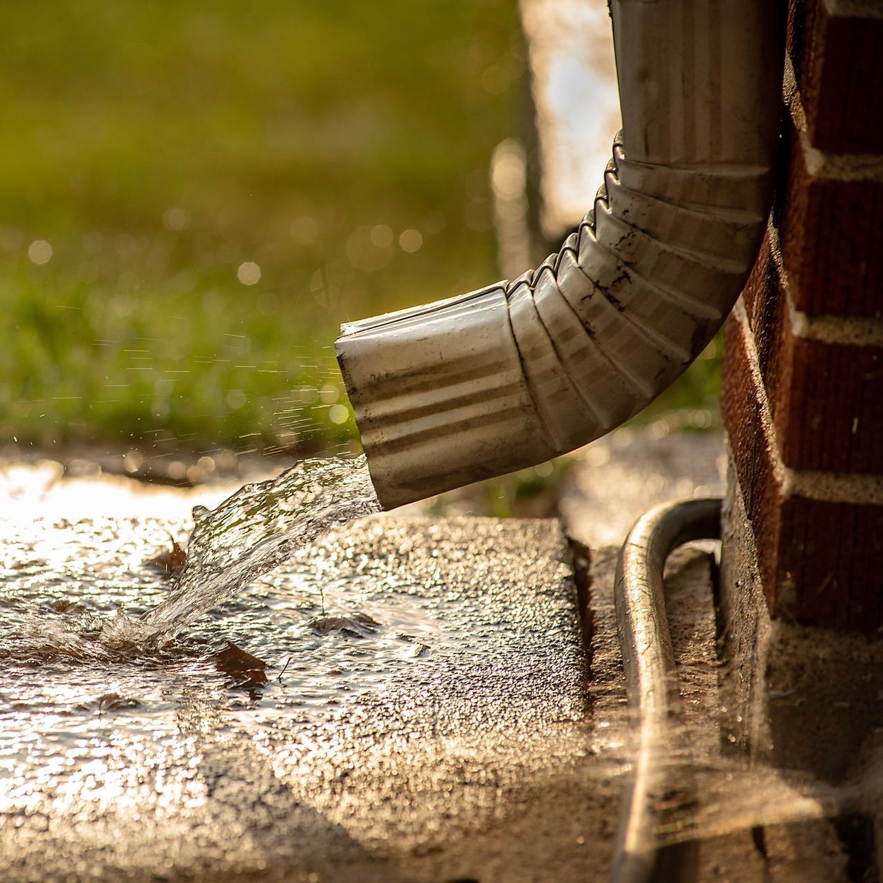 Water is coming out of a gutter on a brick wall.