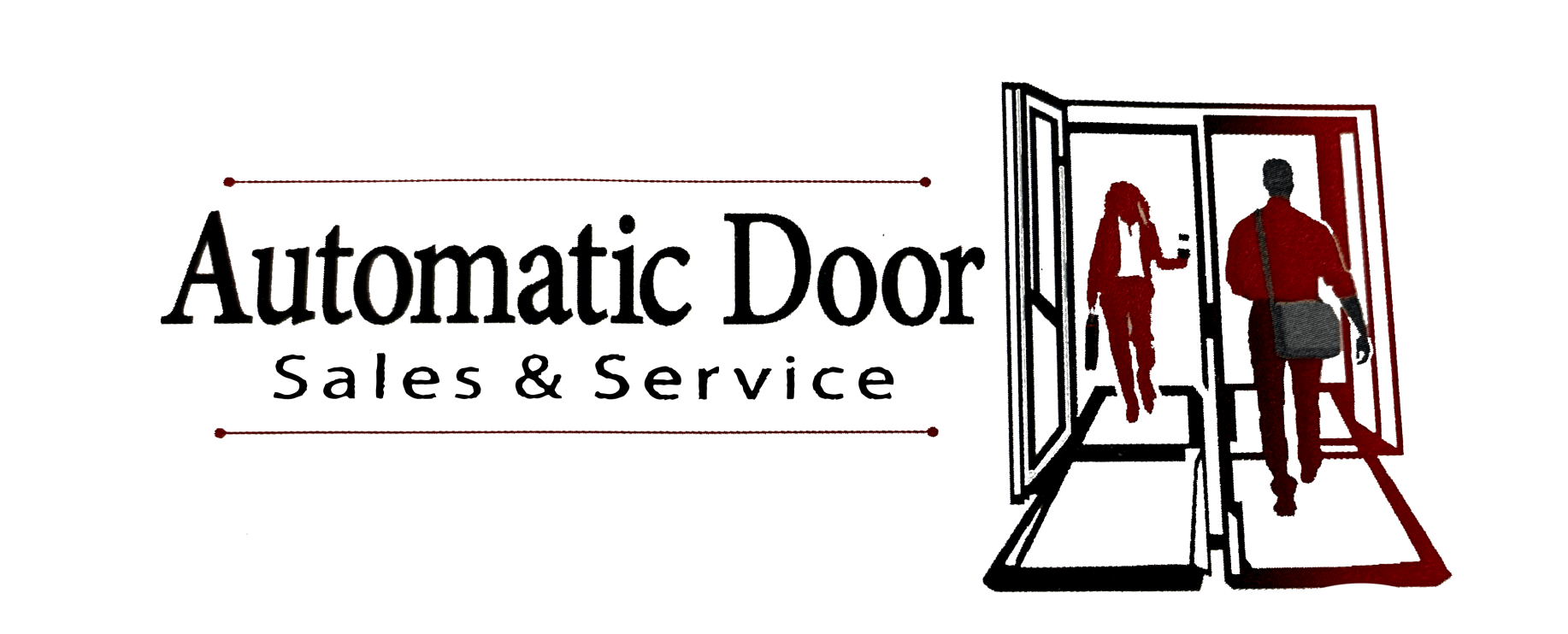 Automatic Door Sales & Service logo with open glass doors and red silhouette figures